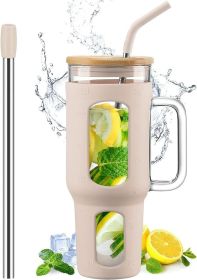 Glass Tumbler With Lid And Straw, 46 Oz Iced Coffee Cup With Handle, Glass Water Bottles With Silicone Sleeve, Glass Cup With Straws - Amber