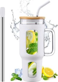 Glass Tumbler With Lid And Straw, 46 Oz Iced Coffee Cup With Handle, Glass Water Bottles With Silicone Sleeve, Glass Cup With Straws - White